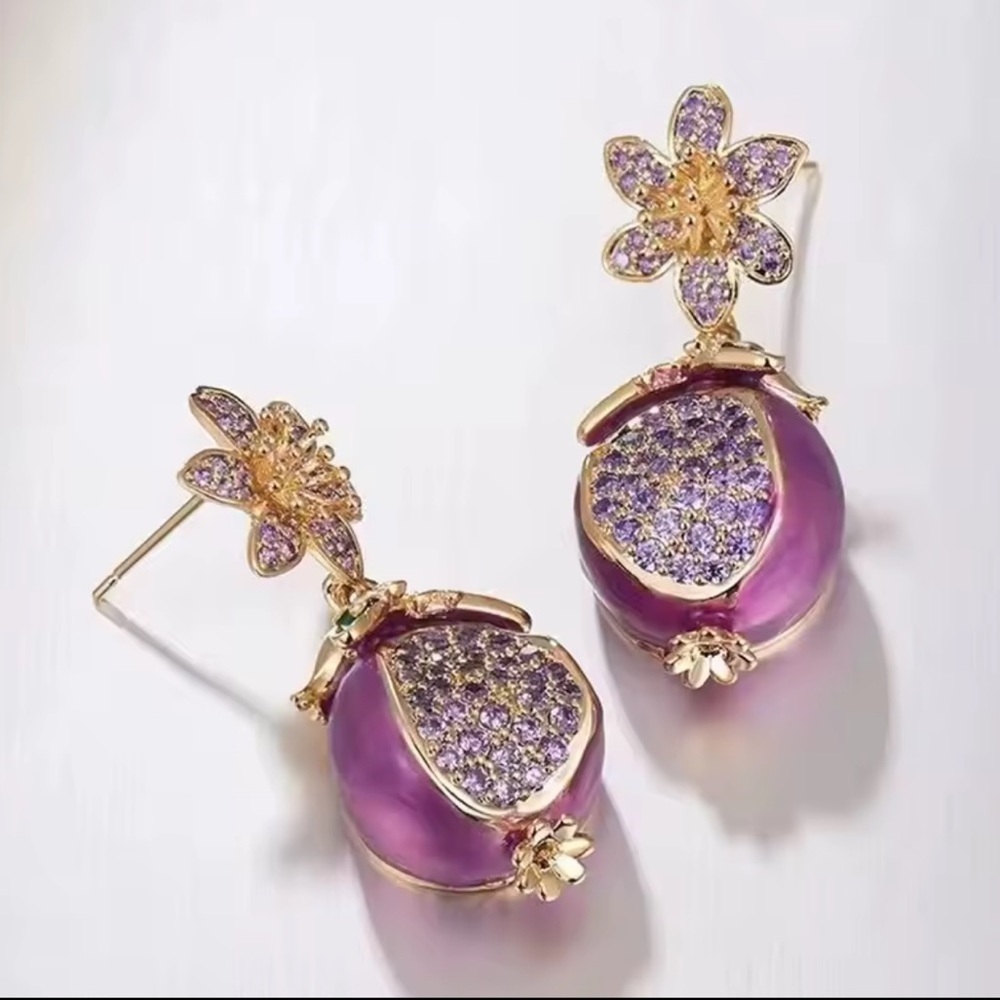 Unique Pomegranate Purple and Gold Floral Earrings - Picture 4 of 7
